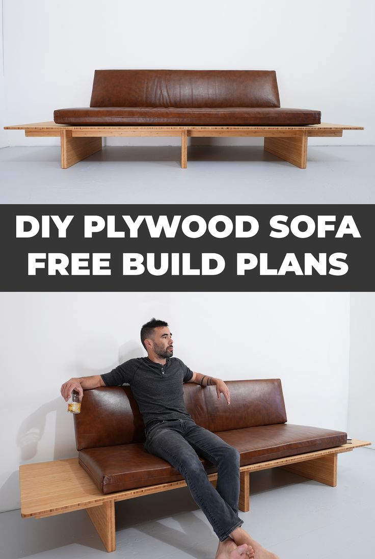 This DIY sofa is made out of bamboo plywood and was designed by Ben Uyeda of HomeMade Modern.  This DIY sofa is can be made with just three basic power tools. A full build video and free plans of this plywood sofa are available. Plywood Sofa Diy, Homemade Sofa Wood, Wooden Sofa Diy, Diy Sofa Bench, Diy Couch Base, Diy Modern Sofa, Diy Platform Sofa, Homemade Couch Diy, Platform Couch Diy