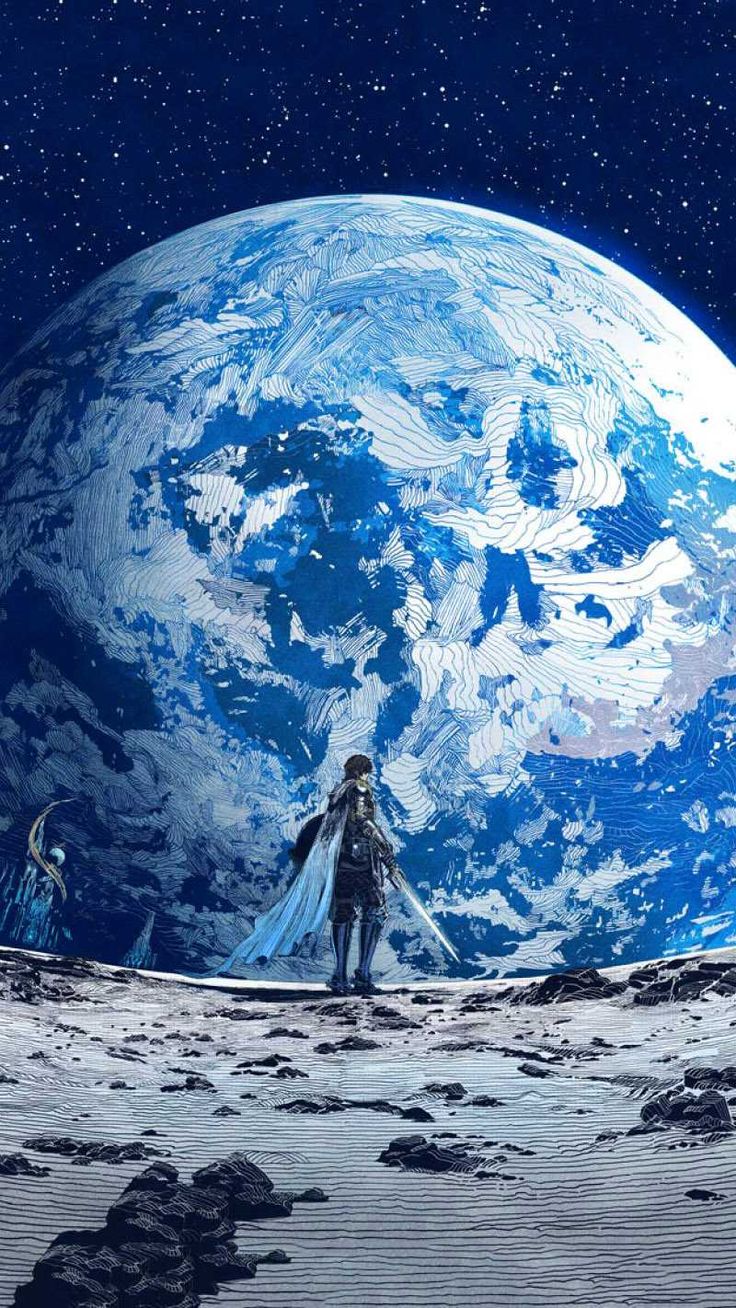 an artist's rendering of a man standing on the moon