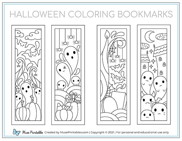 the halloween coloring bookmarks are shown in three different styles and colors, with an image of