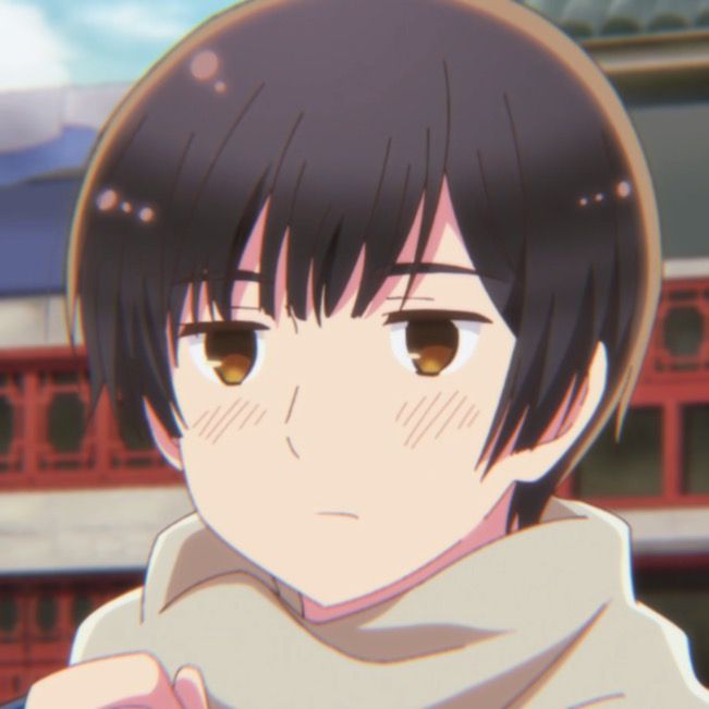 an anime character with black hair and brown eyes looking at the camera in front of a red building