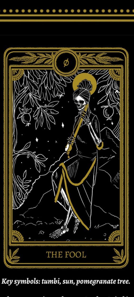 the fool tarot card in gold and black