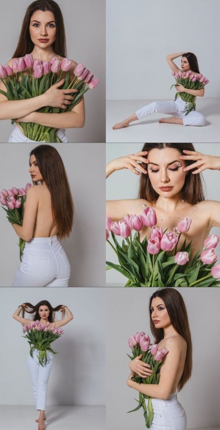 a woman holding flowers in her hands and posing for the camera with multiple pictures on it