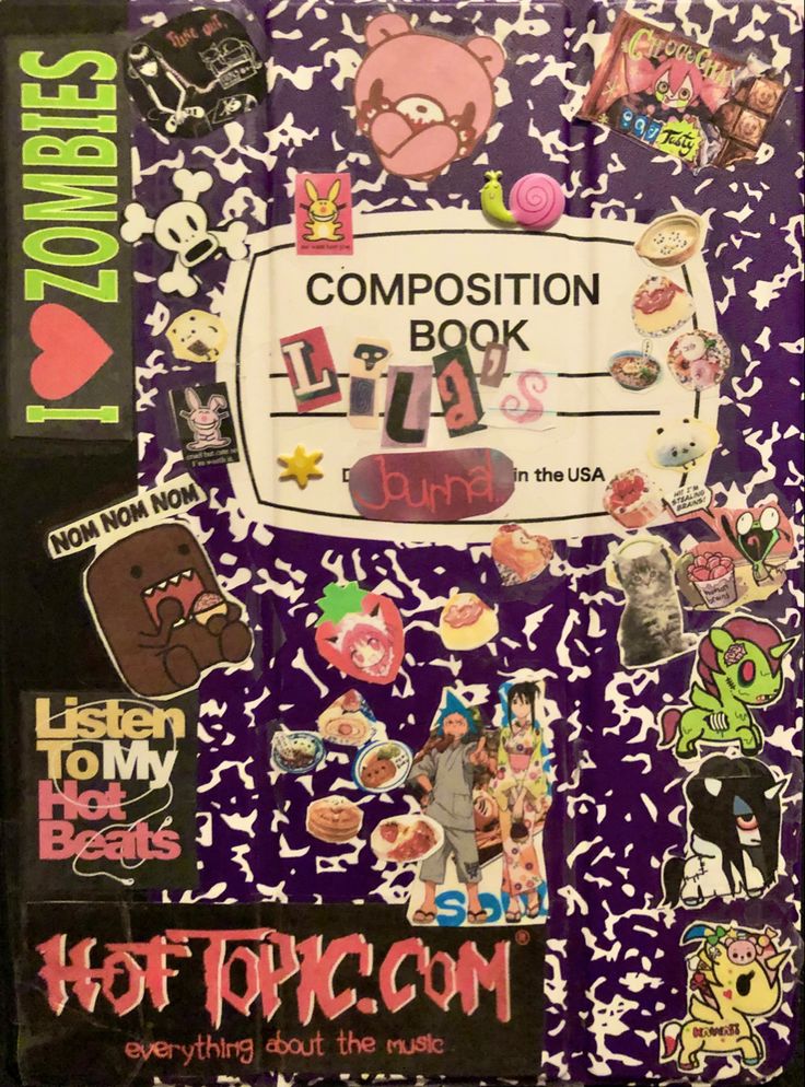 an assortment of stickers and decals on a purple background with words reading composition book tips