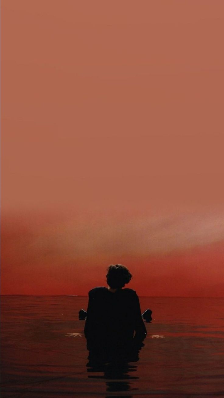 a person sitting in the water with their back to the camera, looking at an orange sky