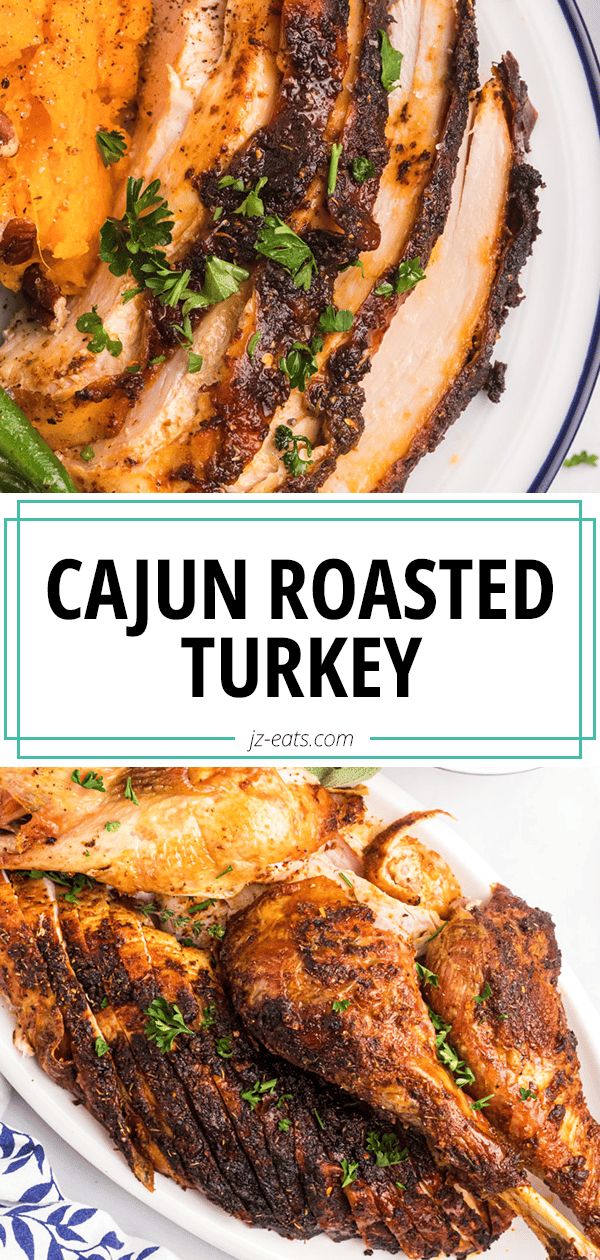 cajun roasted turkey on a white plate with garnish