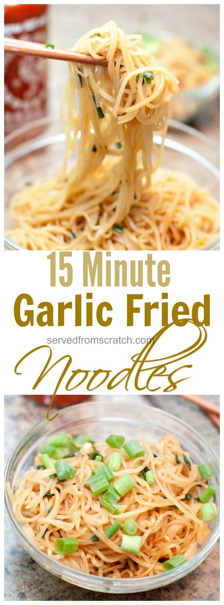 two pictures with the words 15 minute garlic fried noodles