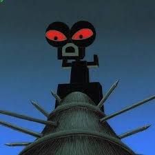 a cartoon character with red eyes standing on top of a tall structure in the sky