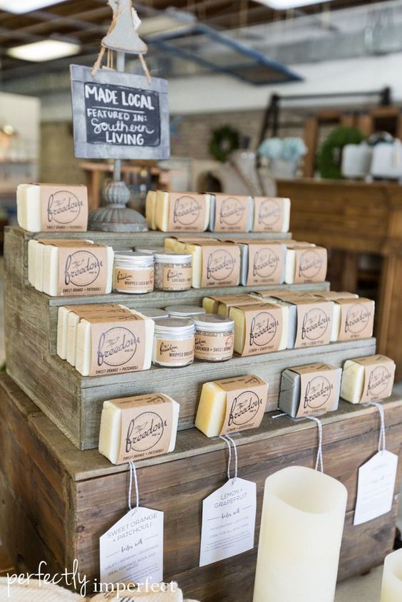 soaps and candles on display in a store