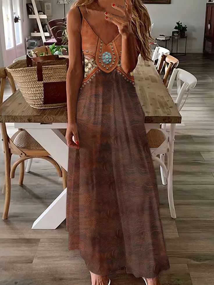 Western Tribal Print Sleeveless V Neck Maxi Dress Brown Sleeveless Bohemian Dress, Bohemian Sleeveless Brown Dress For Beach, Bohemian Brown Sleeveless Beach Dress, Sleeveless Brown Maxi Dress For The Beach, Brown Bohemian Sleeveless Dress For Summer, Sleeveless Printed Brown Maxi Dress, Brown Sleeveless Printed Maxi Dress, V Neck Maxi Dress, Western Dresses