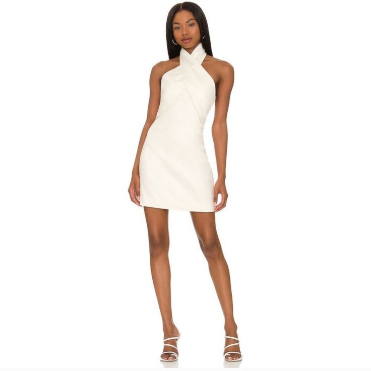 Nwt However Purchased With Minor Staining And Missing 3 Buttons For The Strap That Goes Around The Neck. Size 8 Us White Halter Neck Mini Dress For Formal Occasions, White Formal Halter Neck Mini Dress, Dresses Revolve, White Reception, Reception Dresses, Revolve Dresses, Leather Mini Dress, Game Dresses, Mini Slip Dress