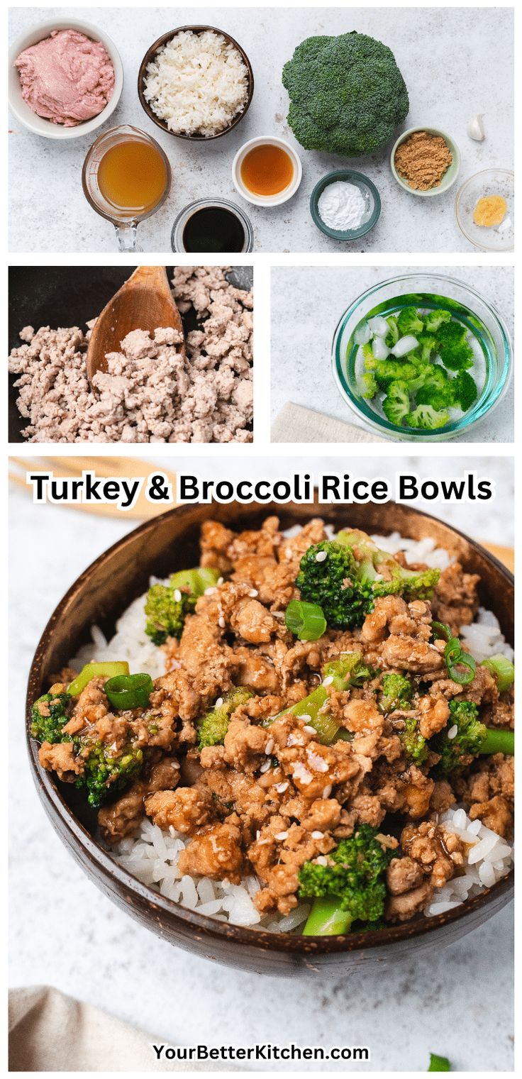 broccoli, meat and rice bowls with text overlay that reads turkey & broccoli rice bowls