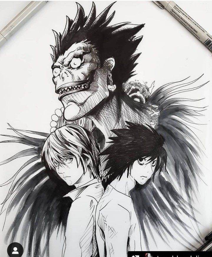 an ink drawing of two people with black hair and demon horns on their head, one is