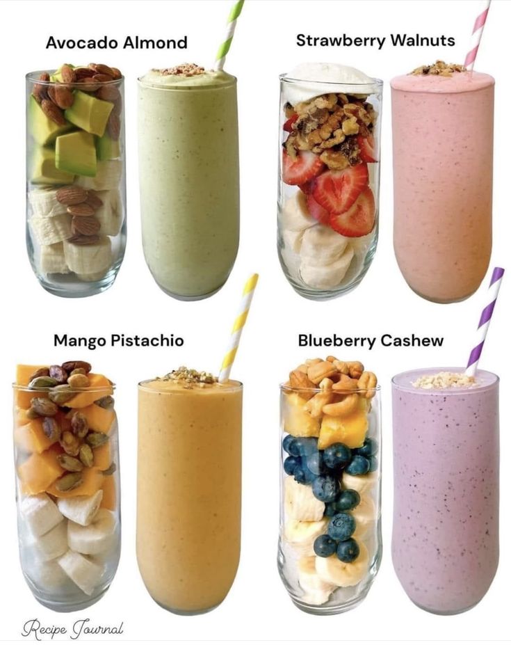 six smoothies with different toppings in them