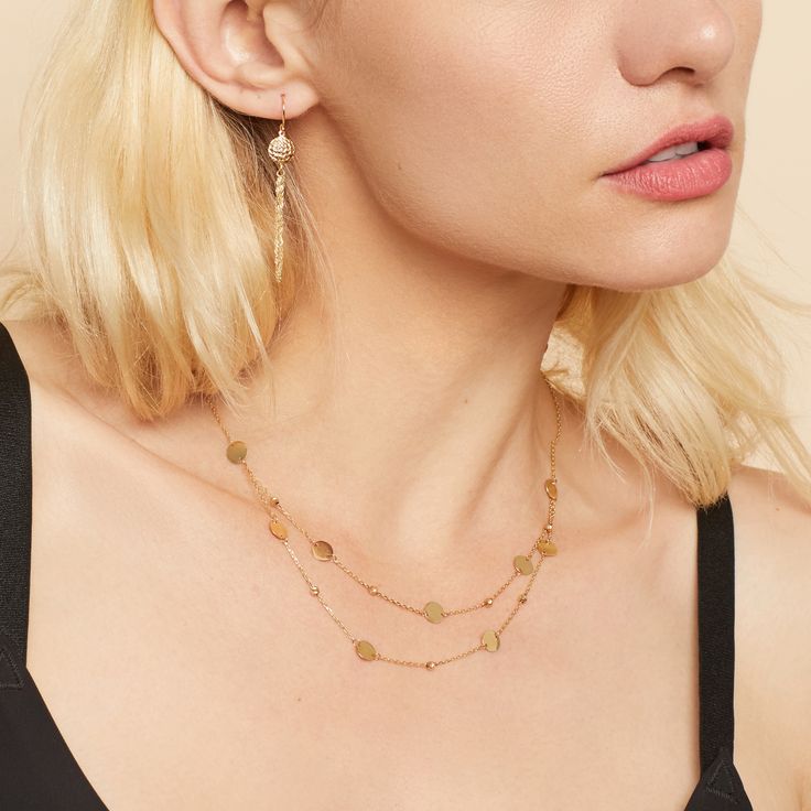 #All The chic double drop design of our Manhattan Layered Station Necklace will never go out of style. This substantial piece features alternating gold discs and dots along two delicate chains in a way that will always catch the light. The Finer Points: #YellowGold-14kSolidGold-17 14k Solid Yellow Gold 17 Inches Length 3.6 Grams Solid Gold Crafted in Istanbul, Turkey #RoseGold-14kSolidGold-17 14k Solid Rose Gold 17 Inches Length 3.6 Grams Solid Gold Crafted in Istanbul, Turkey Drop Design, Gold Disc, Station Necklace, Gold Price, Drops Design, Jewelry Business, Rose Gold Necklace, The Chic, Solid Yellow