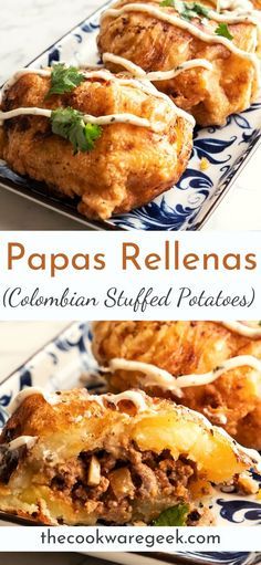 two different views of some food on a blue and white plate with the words papas rellenas