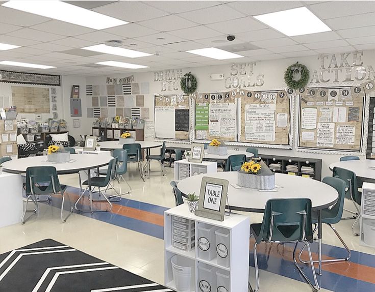 an empty classroom with desks, chairs and bulletin boards on the wall behind them