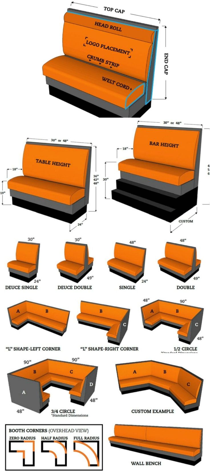 an orange couch is shown with measurements for the top and bottom section, below it