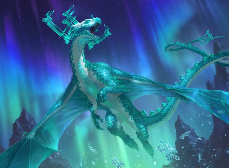 a large green dragon flying through the air next to an ice covered mountain under a purple and blue sky