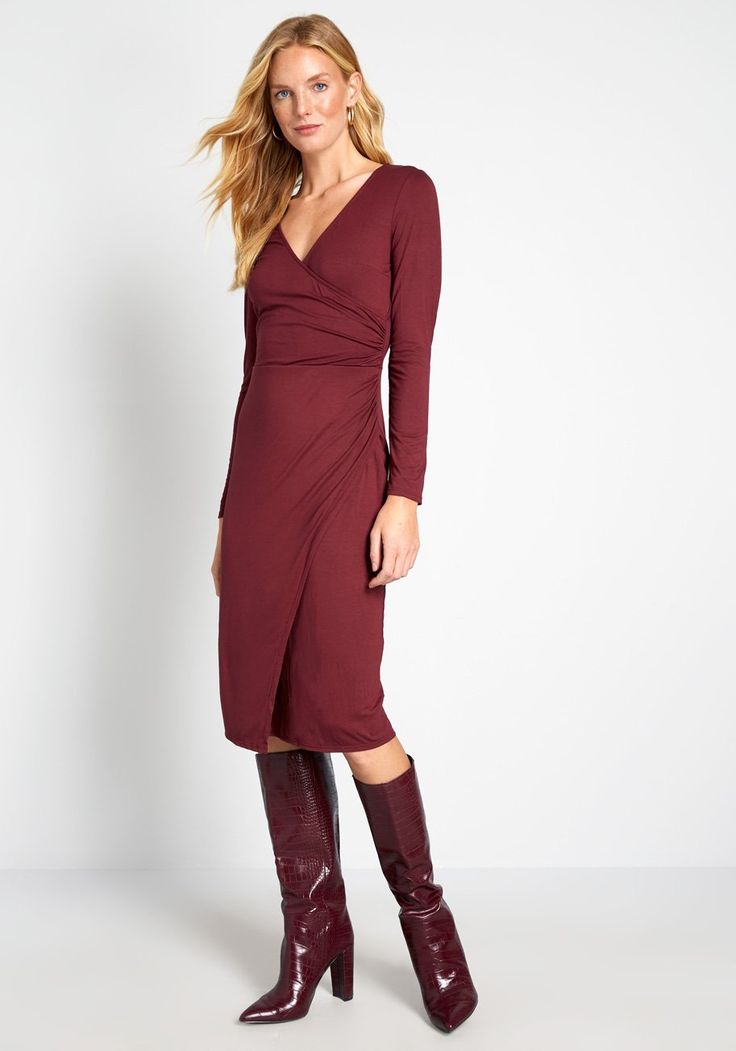 This burgundy, ModCloth label midi dress gives new life to a classic wrap silhouette with its long sleeves, surplice neckline, and ruched detailing—a subtle but chic detail that makes a surefire statement. 95% Rayon, 5% Spandex. Hand wash. Unlined. Semi-sheer. Made in the United States Model is wearing size: 1X S Fabric provides stretch. S=41 inches Length 1X=42.5 inches Length | ModCloth Knit on the Town Faux-Wrap Dress in Red, Size Medium Pnw Fall, Vintage Style Swimwear, Casual Dresses Plus Size, Summer Coloring, Midi Dress Plus Size, Vintage Swimwear, Casual Rompers, Womens Vintage Dresses, Plus Size Outerwear