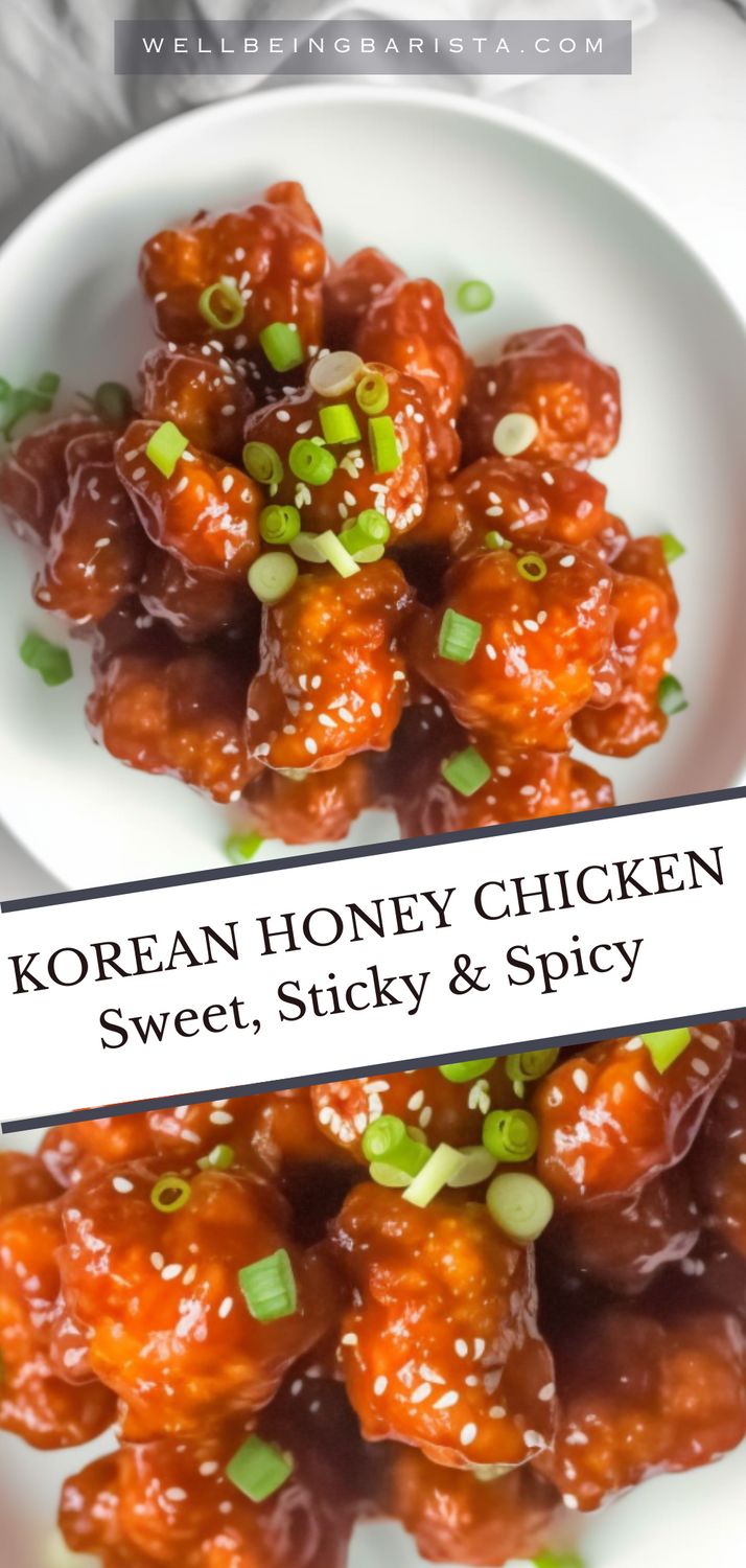 korean honey chicken with sweet, sticky and spicy sauce in a white bowl on a table