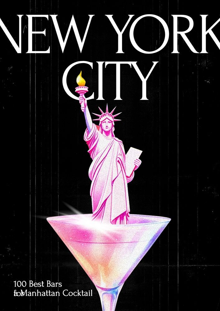 the new york city cocktail book is shown in pink and black, with an image of the statue of liberty holding a lit candle