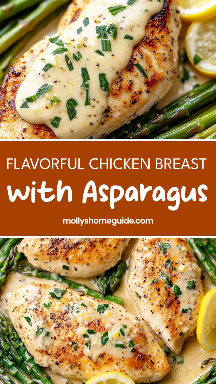 chicken breast with asparagus and lemon sauce in a white dish on a plate