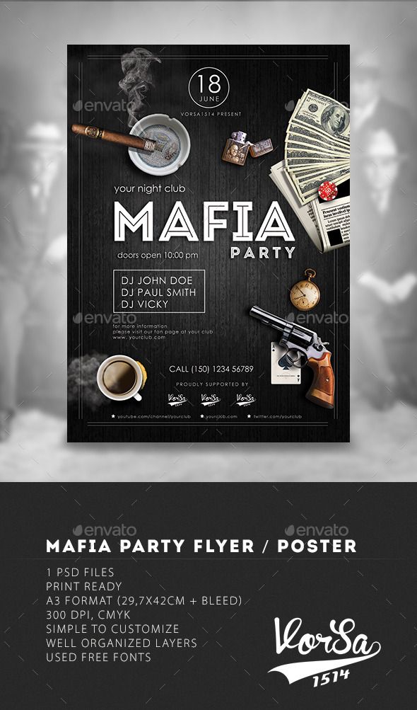 Mafia Flyer Poster. Customizable template for a party flyer. #FlyerTemplate #flyer #party #GraphicTemplate #design #PrintDesign #a3 #america #cards #chicago #cigar #coffee #CosaNostra #dj #event #game #gangsta #gangster #mafia #mafioso #money #OldTimes #PartyGame #poster #retro #vintage #wood Mafia Party Invitations, Gangster Party Theme, Mafia Party Decorations, Mafia Party Aesthetic, Maffia Theme Party, Mafia Birthday Party Ideas, Ganster Party, Maffia Party, Mafia Party Game