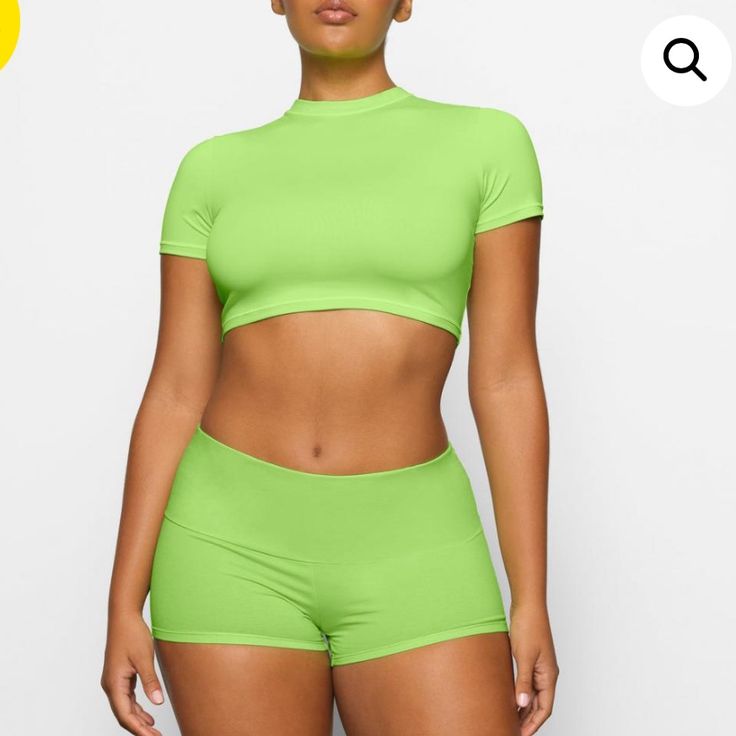 Nwt Skims Cover Up Fold Over Lime Shorts Worn By Hailey Beber K5 Green High-waisted Shorts Swimwear For Summer, Green Short Tops For Beach Season, Short Green Tops For Beach Season, Summer Cropped Fitted Bottoms, Stretch Cropped Bottoms For Summer, Fitted Cropped Summer Bottoms, Green Short Sleeve Swimwear For Spring, Green Fitted Shorts For Summer, Green Short Workout Tops