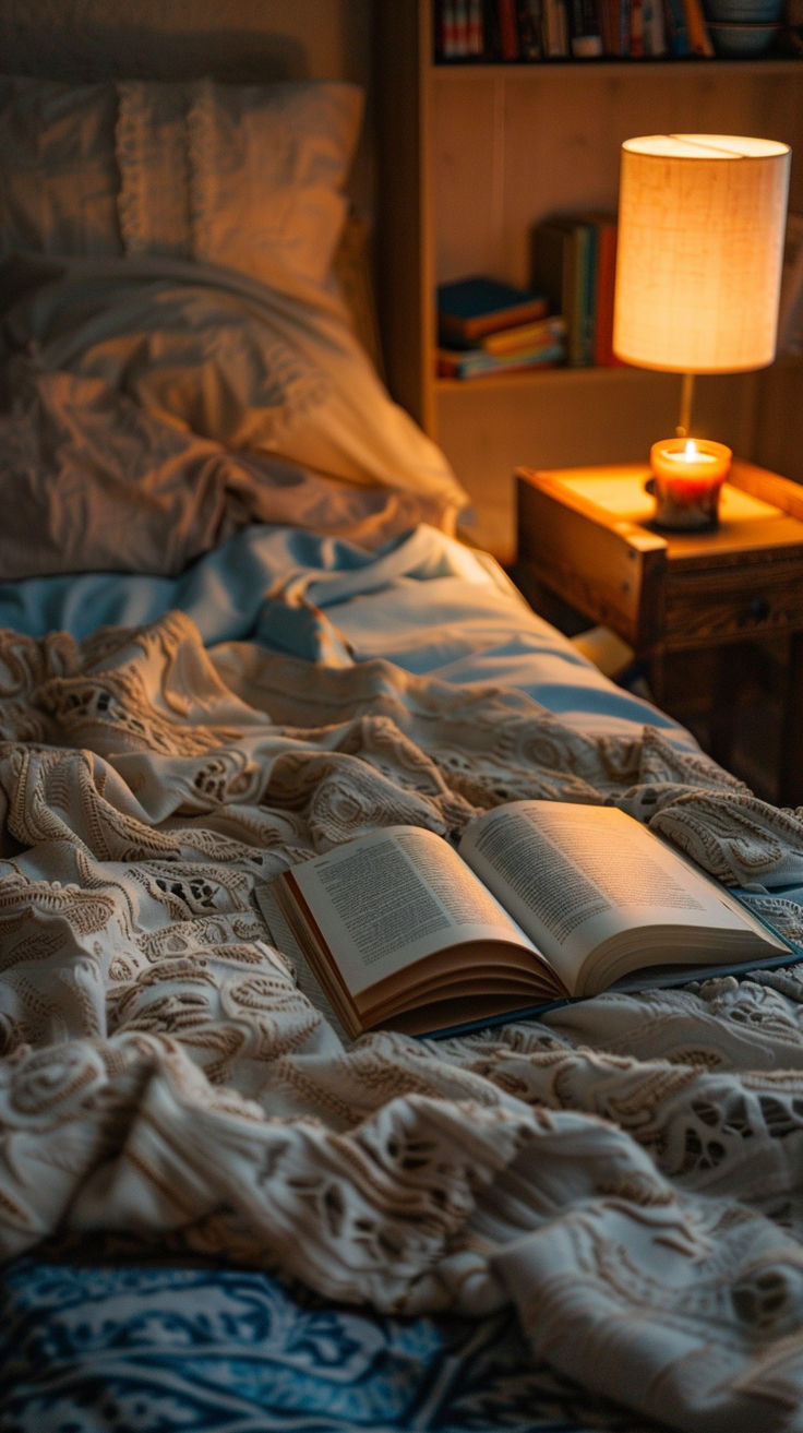 an open book sitting on top of a bed next to a lamp