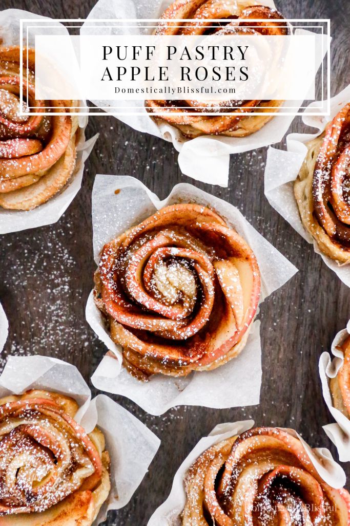 puff pastry apple roses with powdered sugar on top and the title overlay reads puff pastry apple roses