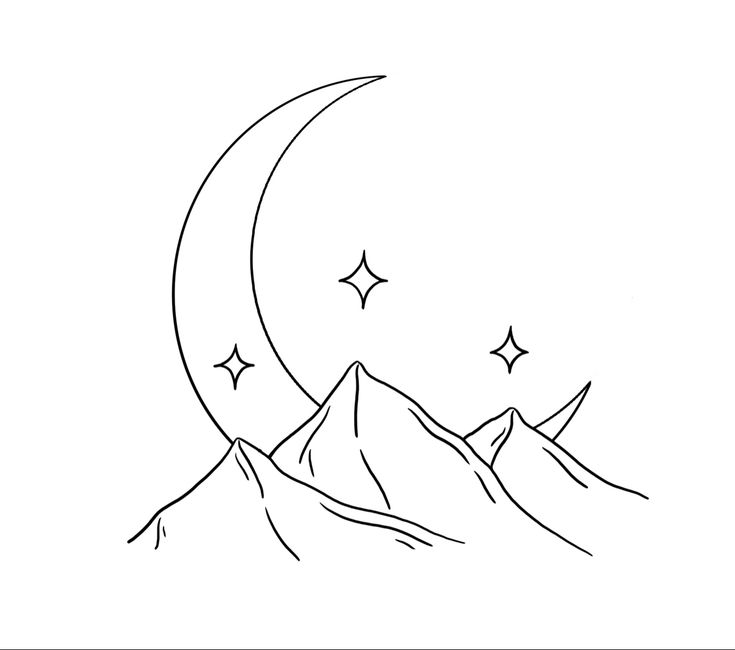 a drawing of the moon and mountains with stars on it's side, in black and white