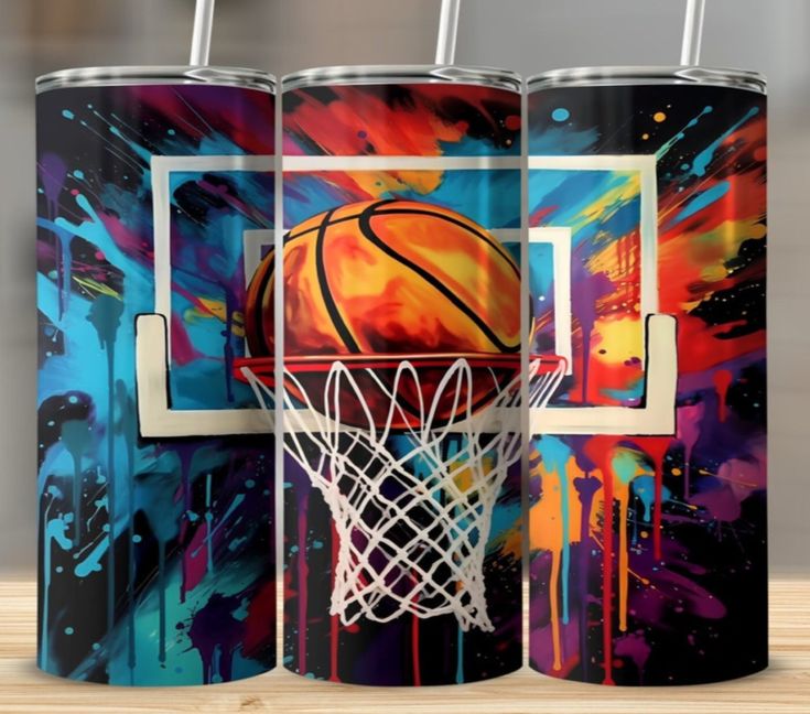 three can coolers with basketball artwork on the front and back, one has a basket in it