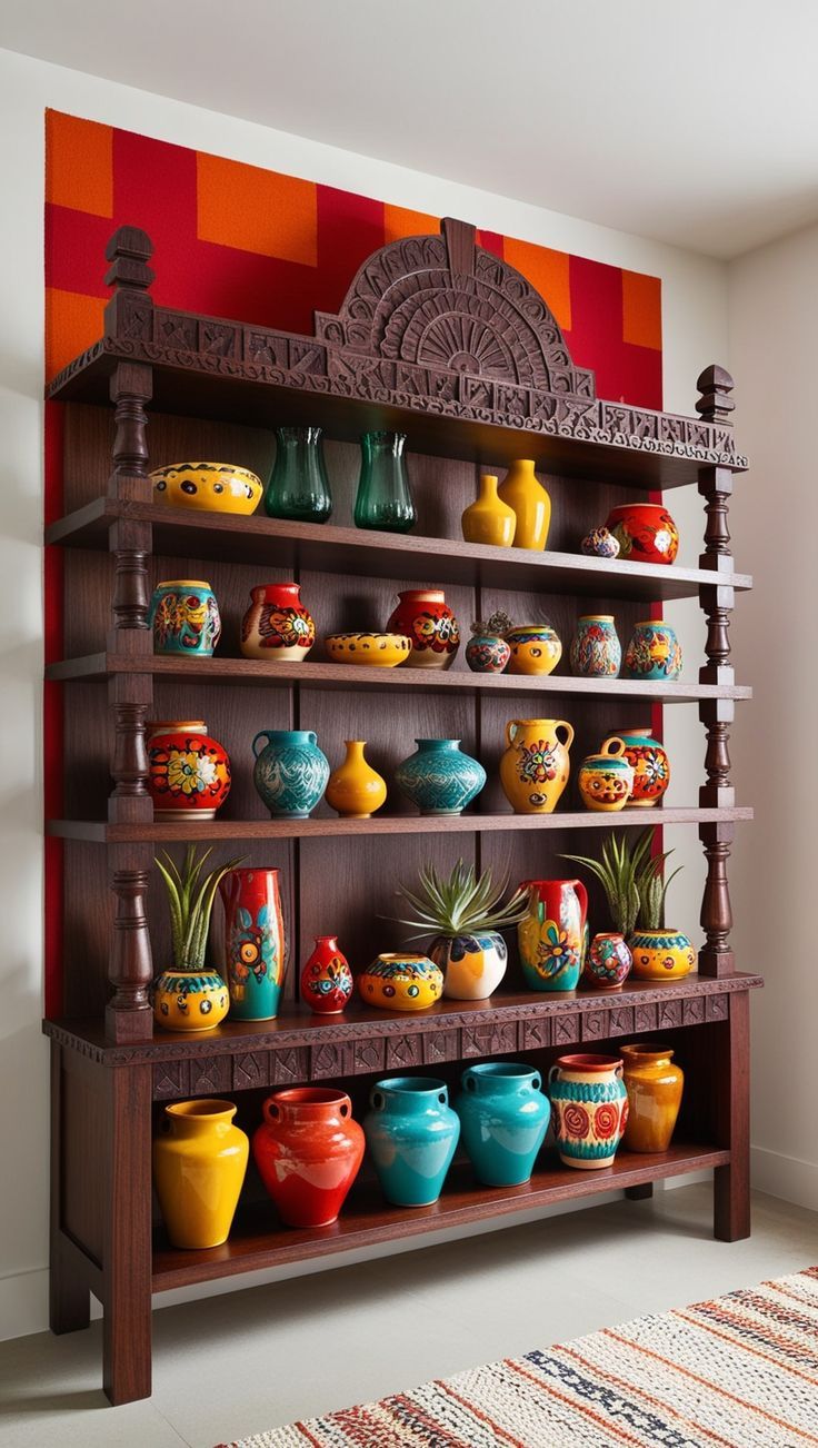 a wooden shelf filled with lots of colorful vases on top of it's sides