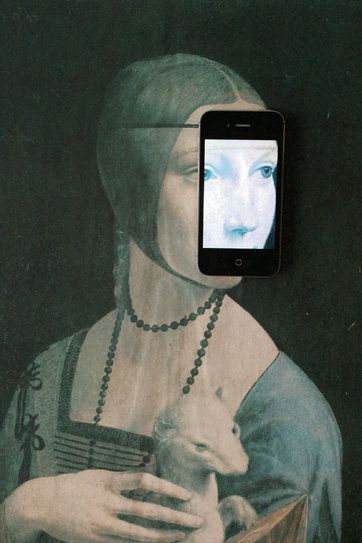 a cell phone sitting on top of a wall next to a drawing of a woman