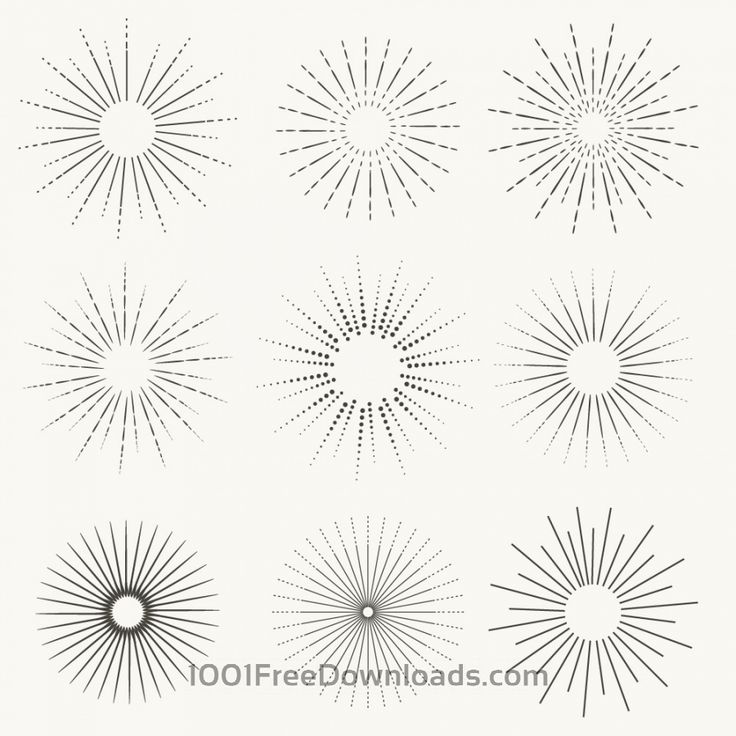 six sunbursts are shown in black and white, each with different shapes