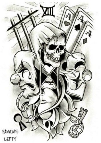 skulls Jester Tattoo, Playing Card Tattoos, Backpiece Tattoo, Card Tattoo Designs, Gangsta Tattoos, Skull Coloring Pages, Skull Art Drawing, Skeleton Tattoos, Skulls Drawing