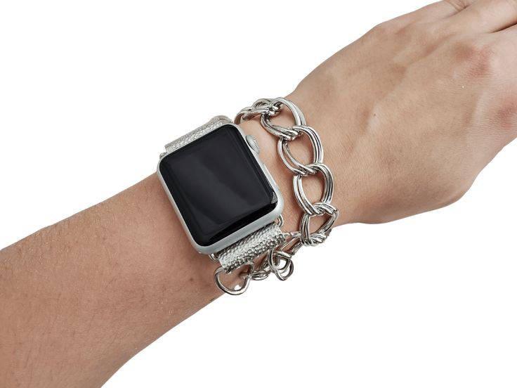 Super elegant and exquisite handmade chain link apple watch bracelet. Made to create a unique look to your favorite watch and make you feel special during all day and even night. The bracelet is made from gold plated brass chain links and decorated with gold plated details , chain extension and lobster claw clasp. PLEASE, MEASURE YOUR WRIST BEFORE ORDERING THE BAND. HOW TO MEASURE: Using a fabric tape measure, encircle the part of your wrist where you will be wearing your watch.Choose your size Elegant Watch Band With Extender Gift, Gift Chain Link Apple Watch Band, Gold Chain Watch Bands As Gift, Luxury Chain Watch Bands As Gift, Luxury Adjustable Jewelry With Chain Strap, Gold Chain Watch Bands Gift, Silver Chain Link Bracelet With Gold Chain, Elegant Metal Watch Bands As Gift, Adjustable Chain Strap Bracelet Gift