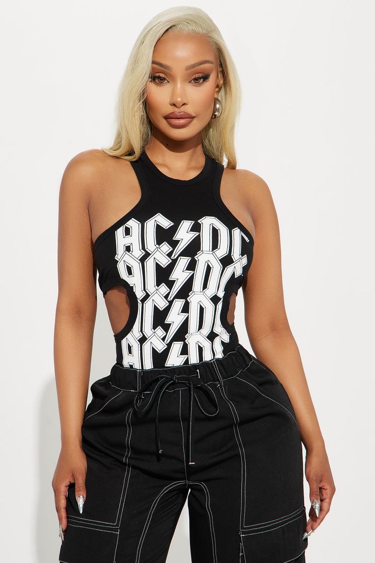 Available In Black/White. Crew Neck Sleeveless Front Screen ACDC Graphic Cut Out Detail Ribbed Stretch Disclaimer: Due To The Specialized Screen Printing Process A Difference In Saturation May Occur. Each Garment Is Unique. 95% Cotton 5% Spandex Imported | ACDC Cut Out Bodysuit in Black/White size XL by Fashion Nova Cut Out Bodysuit, Cutout Bodysuit, Free Dresses, White Crew Neck, Black White Fashion, Matching Dresses, White Fashion, Black Bodysuit, Fashion Nova