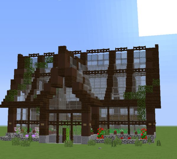 a large house with lots of windows and plants on the front porch, in a minecraft style