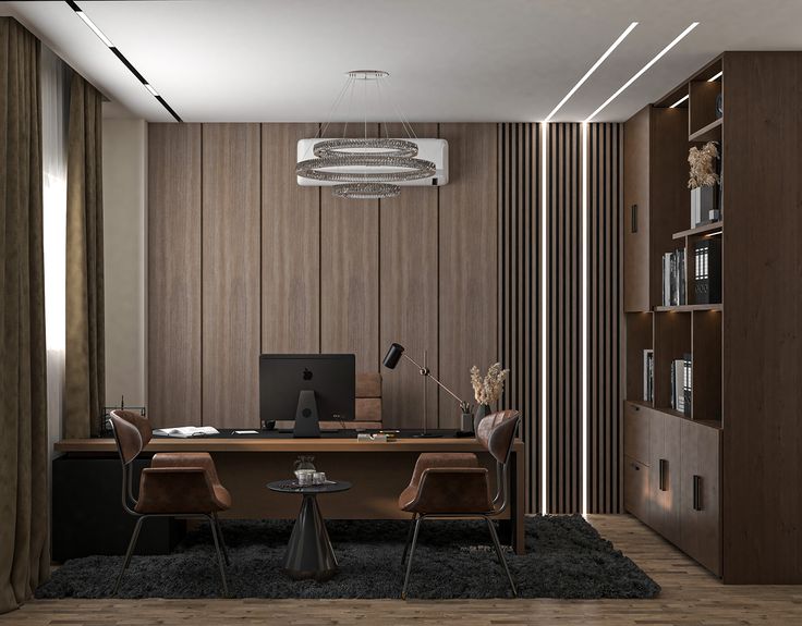 an office with wooden walls and flooring