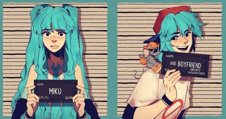 two anime characters holding up signs in front of jail cell doors, one with blue hair and the other without