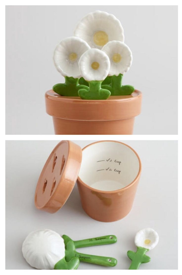 there are two pictures of flowers in the pot and one is made out of clay