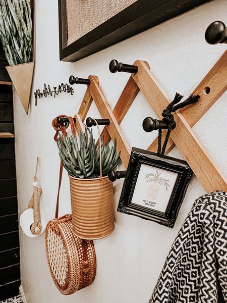 some plants are hanging on the wall next to pictures and other things that are attached to the wall