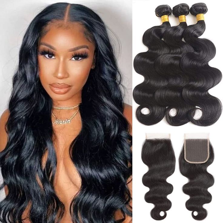 (14 16 18 +12 Closure)100% Unprocessed Body Wave Human Hair Weave with 4x4 Free Part Lace Closure Natural Color (Bundles with Closure) Color Bundles, Tangle Free Hair, Lace Closure Hairstyles, Brazilian Body Wave Hair, Straight Hair Bundles, Bundles With Closure, Human Hair Color, Brazilian Hair Weave, Natural Human Hair