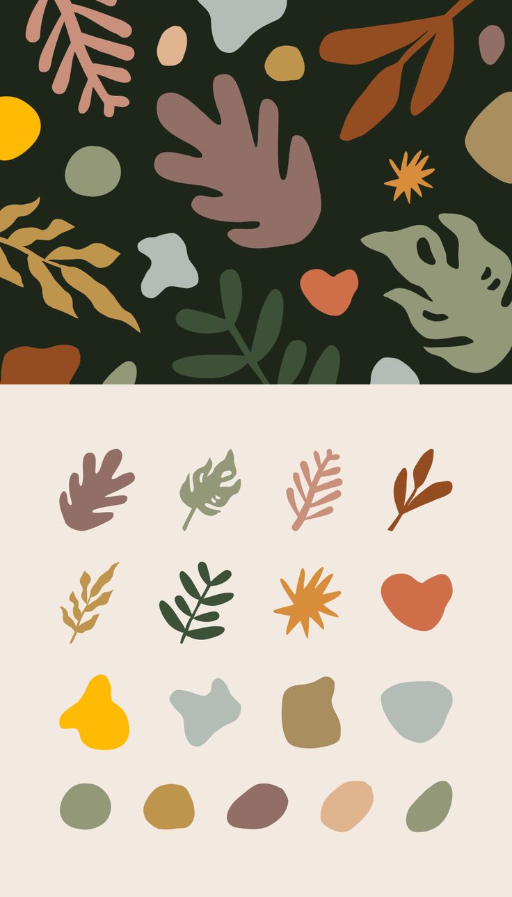 an assortment of different colored leaves and plants