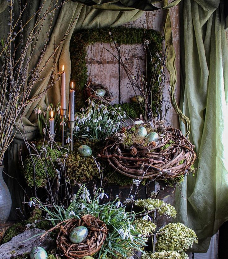 an arrangement of plants and candles in a room