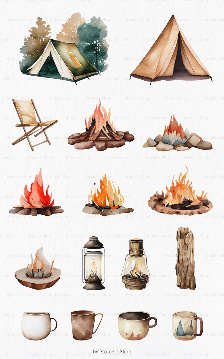 an image of camping related items in watercolor and ink on paper, including mugs, campfire, tent, firewood, chair, etc