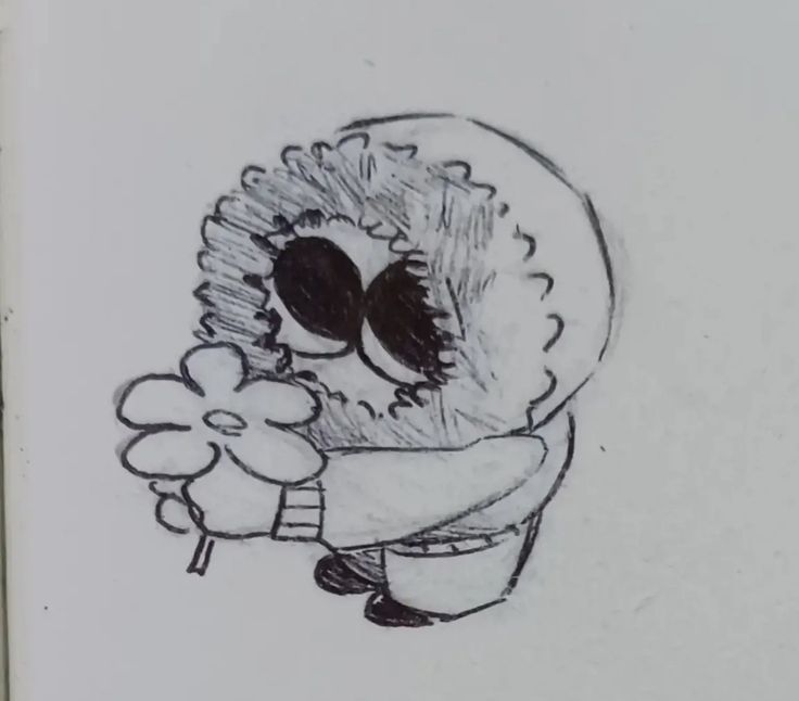 a drawing of a cartoon character holding a flower in one hand and looking at the viewer