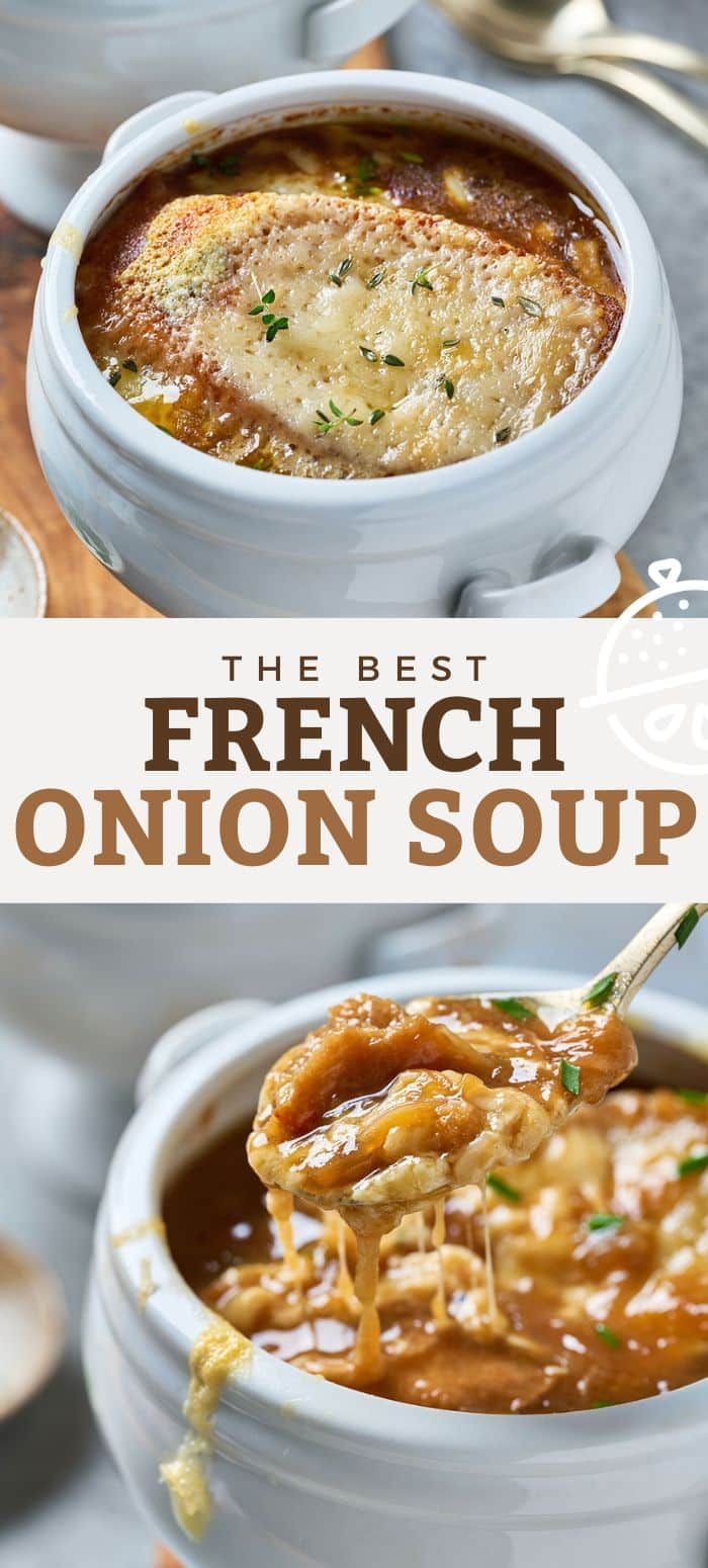 the best french onion soup in a white bowl