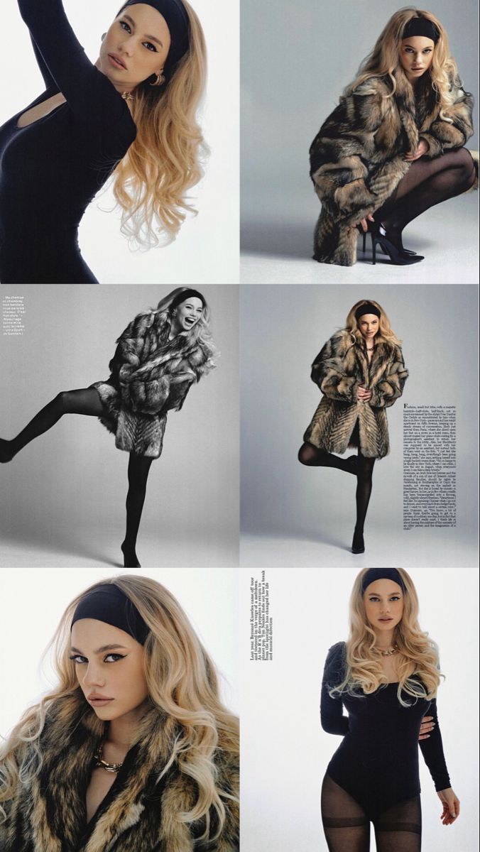 a woman is posing in four different poses, all wearing fur coats and tights